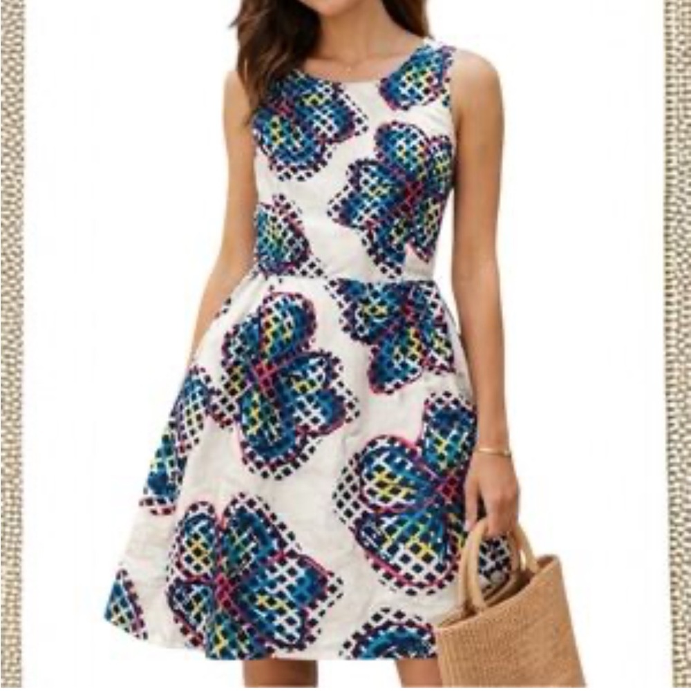Kaari Blue Geometric Floral 100% Linen Sleeveless Dress W/Pockets